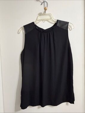 LOFT Black Sleeveless Blouse with Faux Leather Shoulders